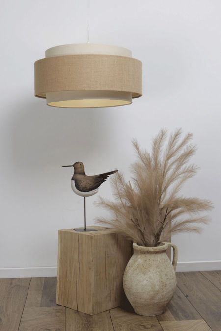 Lampa wisząca w stylu boho z jutowym i lnianym podwójnym abażurem beżowo-kremowa - DUMBLE BOHO