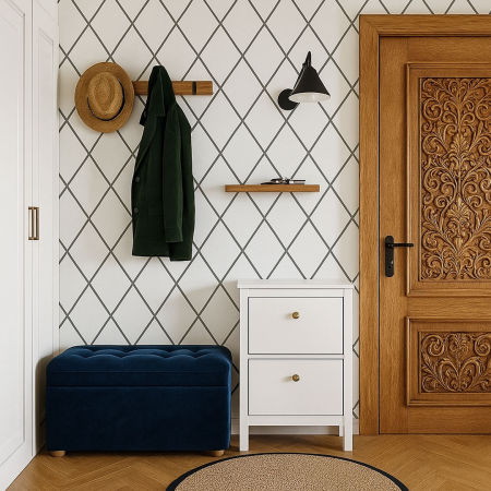 Loftowa biała tapeta z szarym, grafitowym wzorem SIATKA, romby, obrys