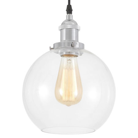Loftowa lampa wisząca kula, pojedynczy zwis loft, szklany klosz, srebrna oprawa chrom - NAVARRO