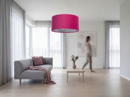 Malinowa lampa wisząca z welurowym kloszem ze srebrnym wnętrzem w kształcie walca, różowa fuksja - MULTIKOLOR