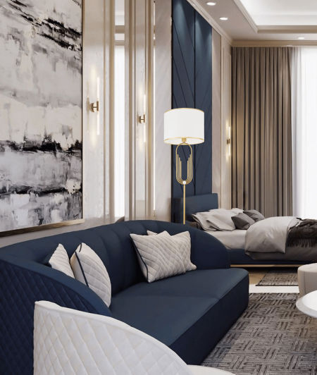 Mosiężna lampa stojąca podłogowa, biały abażur, glamour, art deco, new hampton - ZANETTI