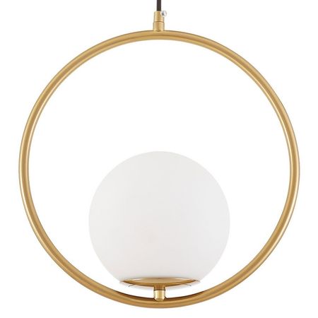 Mosiężna lampa wisząca, biały szklany klosz kula, metalowy okrąg - VERO 1A