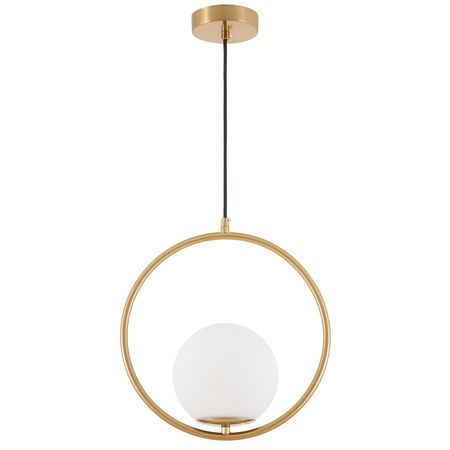 Mosiężna lampa wisząca, biały szklany klosz kula, metalowy okrąg - VERO 1A