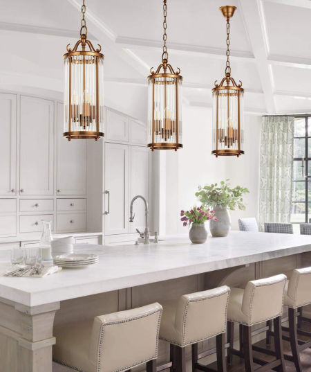 Mosiężna lampa wisząca, metalowa klatka, szklane rurki, 3 żarówki, styl klasyczny, art deco - BOSTON W3