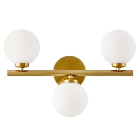 Mosiężny elegancki potrójny kinkiet do salonu, białe szklane klosze kula - MARSIADA W3