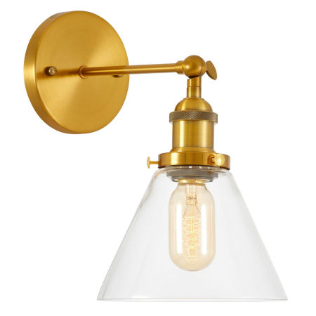 Mosiężny kinkiet loft, industrialna lampa ścienna mosiądz, przezroczysty szklany klosz stożek - NUBI