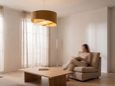 Musztardowa lampa wisząca do pokoju dziennego i młodzieżowego, abażur z juty boho - LANA