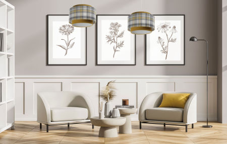 Musztardowa lampa wisząca w szarą kratkę z tkaniny tapicerskiej - JAKOV