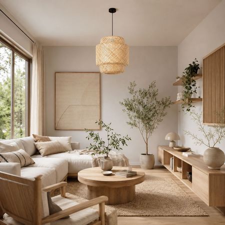 Naturalna lampa wisząca z bambusa do salonu, beżowy pleciony abażur boho eko - TEO