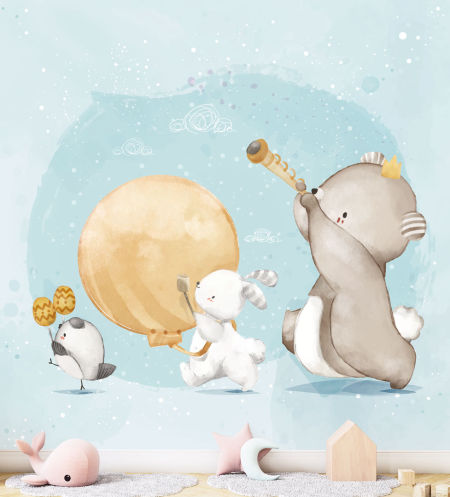 Niebieska tapeta dziecięca WESOŁA ORKIESTRA, grające zwierzęta, ptaszek, biały zając i miś