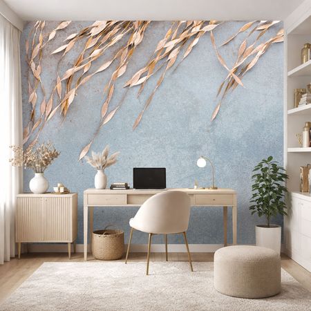 Niebieska tapeta w ZŁOTE LISTKI, nowoczesna fototapeta glamour do biura i domu