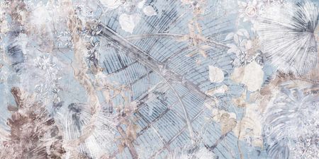 Niebiesko-beżowa fototapeta w egzotyczne rośliny na tle popękanej starej ściany - SZEPT NATURY