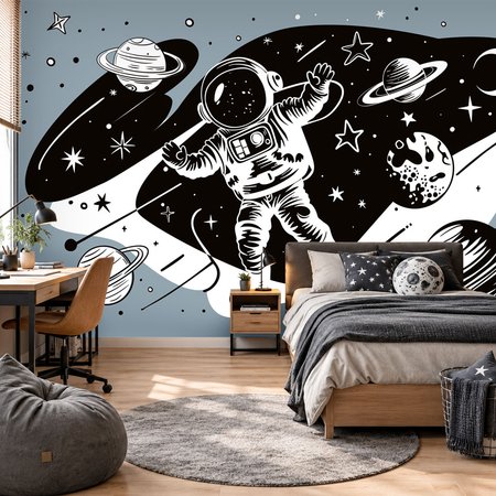 Niebiesko-czarna tapeta dla nastolatków ASTRONAUTA W KOSMOSIE - planety, gwiazdy, pokój młodzieżowy