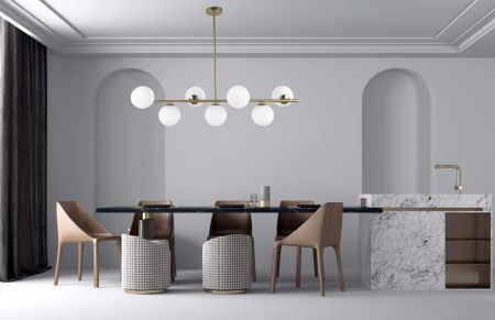 Nowoczesna, mosiężna lampa wisząca FREDICA W7, szklane klosze