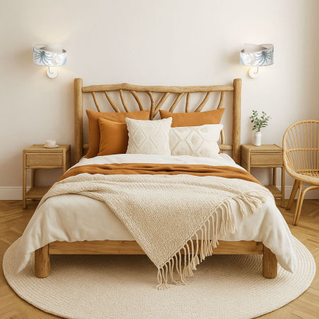 Nowoczesny kinkiet ścienny boho z motywem tropikalnym, kremowy asymetryczny abażur - ENA