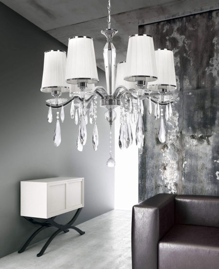 Nowoczesny biały kryształowy żyrandol ALESSIA W6 na łańcuchu wielupunktowy