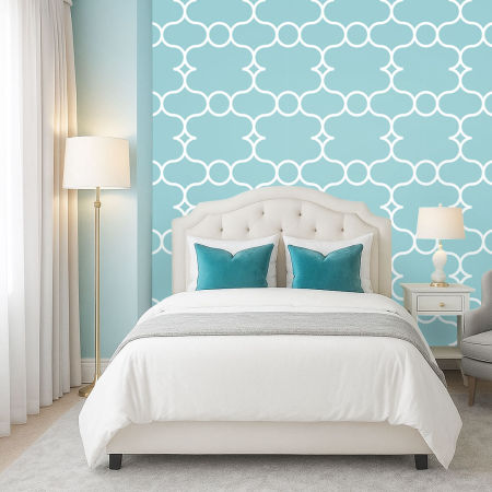 Niebieska tapeta w biały arabski wzór