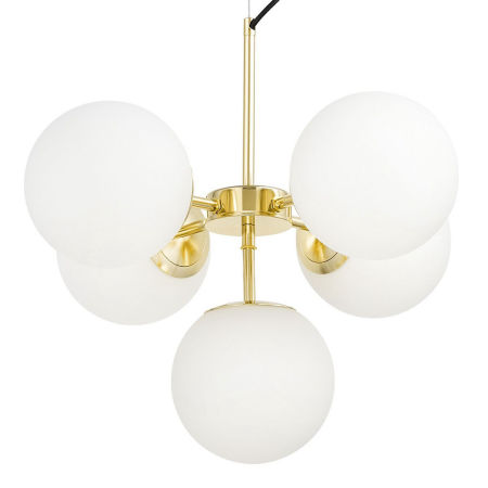 Pionowy żyrandol, wisząca złota lampa, białe kule, szklane klosze, KLASYCZNE ZŁOTO - STELVIO W5