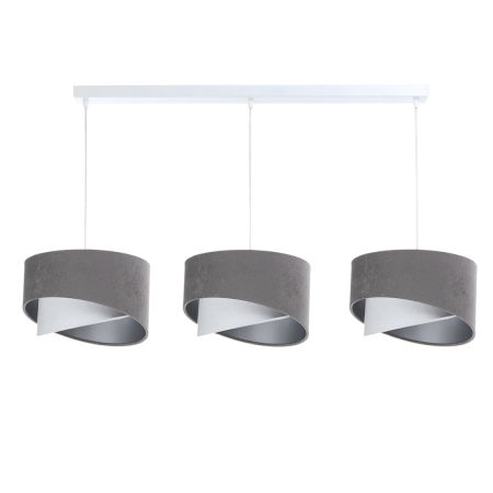 Potrójna lampa wisząca szaro-biała asymetryczna, srebrne wnętrze, welur