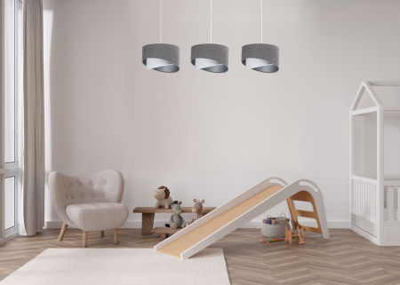 Potrójna lampa wisząca szaro-biała asymetryczna, srebrne wnętrze, welur