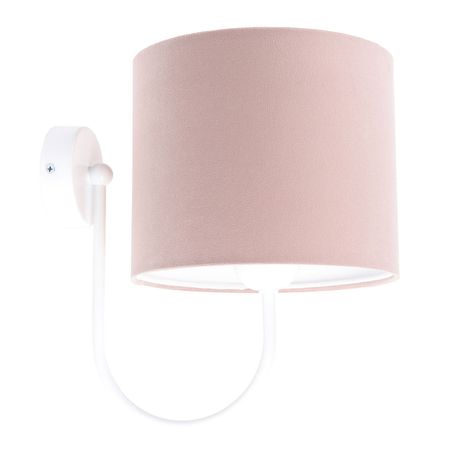 Pudrowo różowa, welurowa lampa ścienna w kształcie walca na białym ramieniu, kinkiet JASMINE BEBE