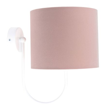 Pudrowo różowa, welurowa lampa ścienna w kształcie walca na białym ramieniu, kinkiet JASMINE BEBE