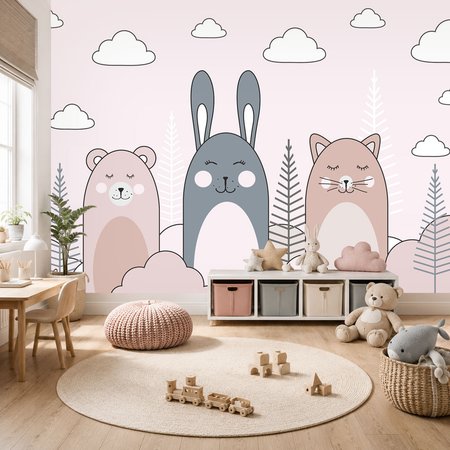 Różowa pastelowa tapeta dla dzieci - MIŚ, KRÓLIK, KOT, chmurki, skandynawski mural kreskówka