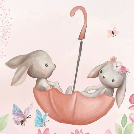 Bajkowa różowa tapeta do pokoju dziewczynki ZAJĄCE W PARASOLCE na kwitnącej łące, dmuchawce