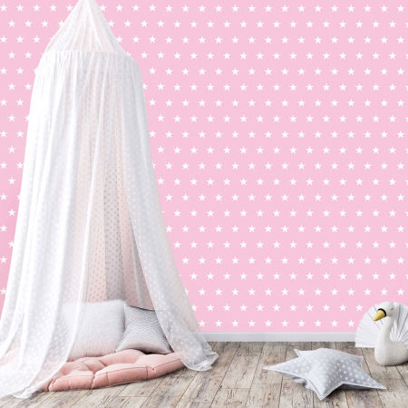 Różowa tapeta w gwiazdki białe 5 cm