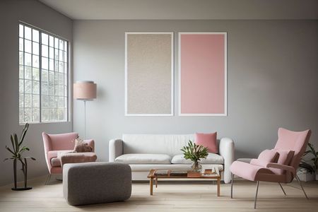 Różowo-szara lampa stojąca do salonu, podwójny welurowy abażur pudrowo różowy - JASMINE BEBE