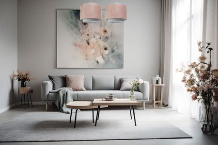 Różowo-szara lampa wisząca pudrowy róż, welurowy podwójny abażur, lampa do salonu - JASMINE BEBE