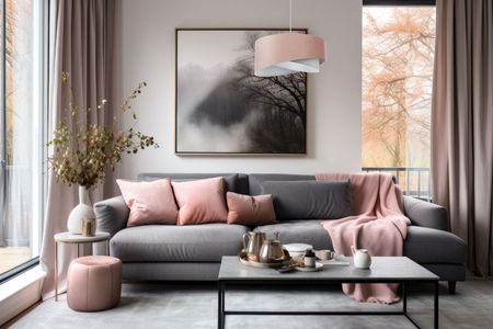 Pudrowa różowo-szara lampa wisząca z asymetrycznym welurowym abażurem, do salonu - JASMINE BEBE