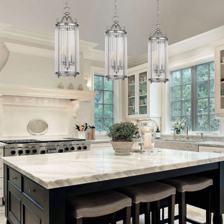 Srebrna lampa wisząca, chromowana klatka, szklane rurki, 3 żarówki, modern retro, elegancka - BOSTON W3