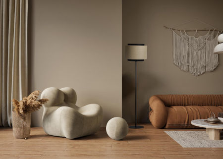 Stojąca lampa do salonu w stylu BOHO, beżowo-czarny abażur z juty i satyny