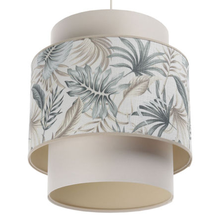 Styl boho, kremowa lampa wisząca z podwójnym abażurem w liście monstery i palmy - TENA