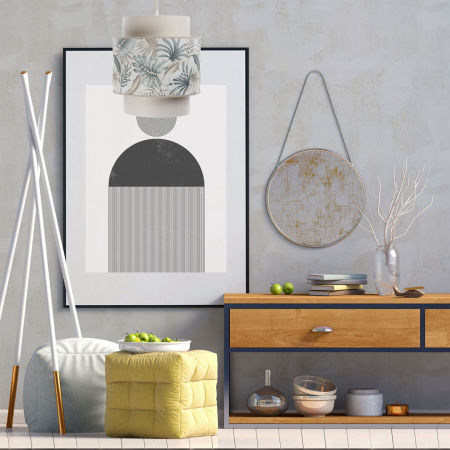 Styl boho, kremowa lampa wisząca z podwójnym abażurem w liście monstery i palmy - TENA