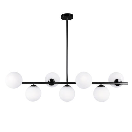 Stylowa, czarna lampa wisząca FREDICA W7, pozioma, białe szklane klosze