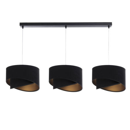 Stylowa potrójna lampa sufitowa czarno-złota z asymetrycznymi abażurami z weluru, na listwie