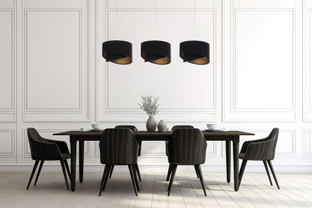 Stylowa potrójna lampa sufitowa czarno-złota z asymetrycznymi abażurami z weluru, na listwie