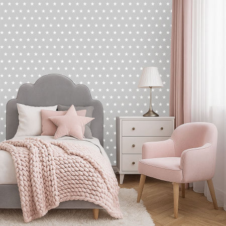 Szara tapeta w białe gwiazdki 5 cm