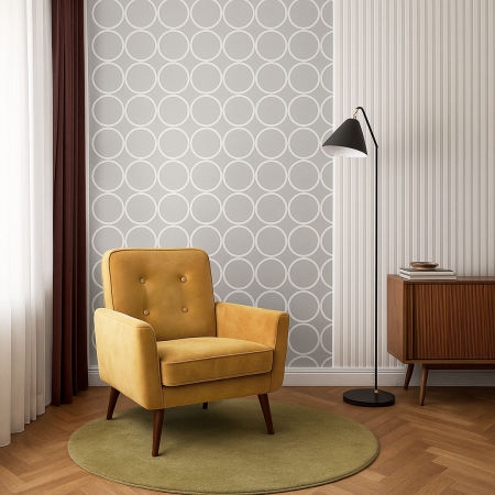 Szara tapeta w białe koła, kółka, okręgi 25 cm