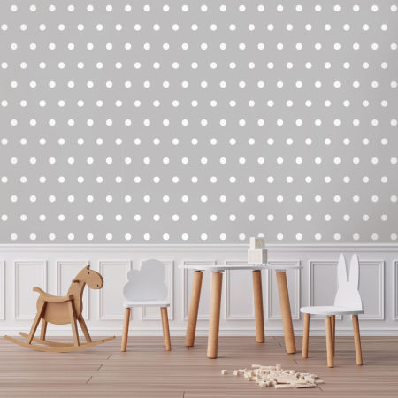 Tapeta szara w białe kropki, groszki, grochy 5 cm