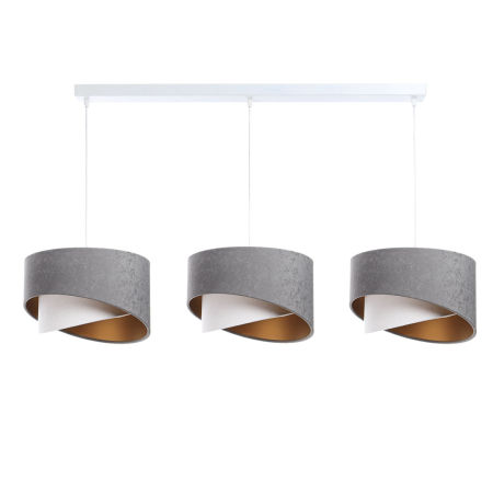 Szaro-biała lampa wisząca z welurowymi abażurami i złotym wnętrzem, na listwie