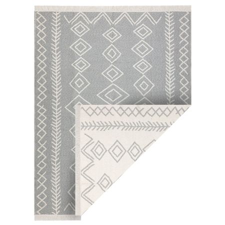 Szaro-kremowy dywan romby boho z frędzlami, ekologiczna bawełna, płasko tkany - TWIN