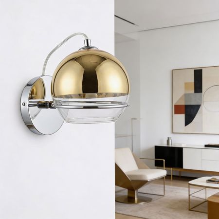 Szklany designerski kinkiet VERONI dwukolorowy klosz kula - złoty, przezroczysty