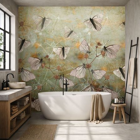 Tapeta artystyczna BIAŁE MOTYLE, retro vintage, zielone postarzane tło, styl loftowy