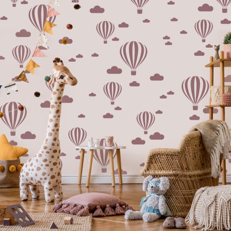 Tapeta BALONY LATAJĄCE i CHMURKI dziecięca beżowo-brązowa