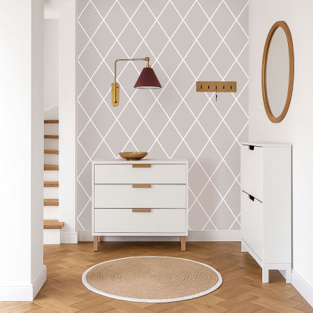 Tapeta beżowo-biała ze wzorem SIATKA w romby