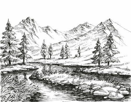 Tapeta biało-czarna do salonu, GÓRY I RZEKA szkic natury, loftowa