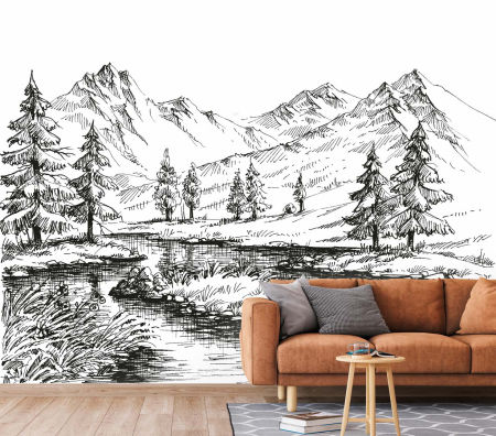 Tapeta biało-czarna do salonu, GÓRY I RZEKA szkic natury, loftowa